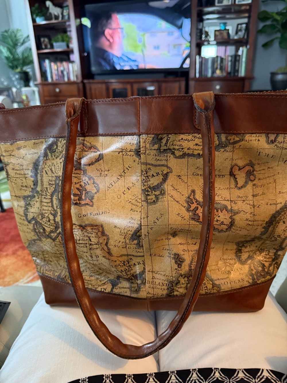 Map Print Tote Bag in Brown and Tan plus kiss lock wallet